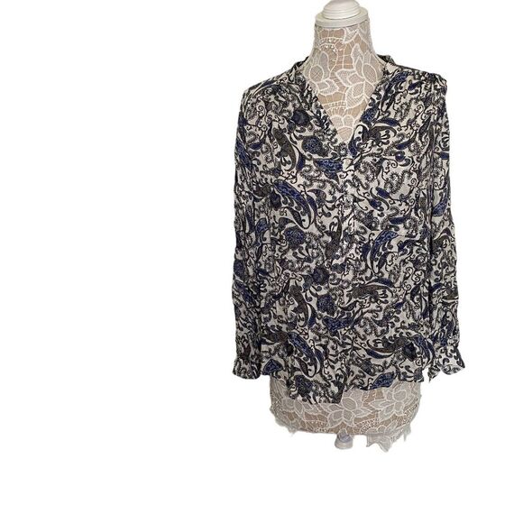 H&M Long Sleeve High-Low Hem V neck Shirt White Paisley patterned Size 14 - Picture 6 of 9